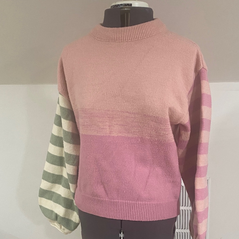 Cider Pink and Green Striped color block Sweater